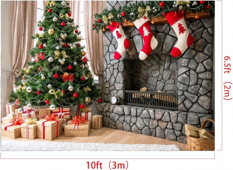 Fireplace with Trees and Stockings Backdrop