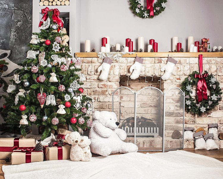 White Brick Fireplace with Tree and Bear Backdrop
